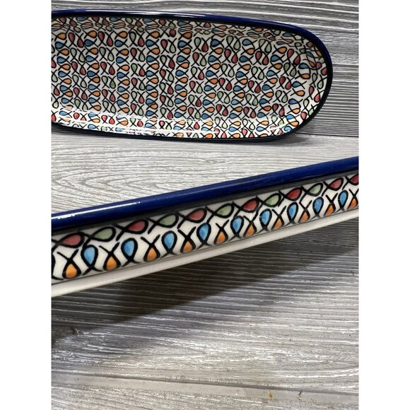 Hand-Painted Oval Dishes Made in Poland Set of 2 Ceramic Stoneware Fish Design - Picture 8 of 8